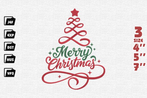 Download Elegant "Merry Christmas" with Swirl Tree Embroidery Design - Sign Collection