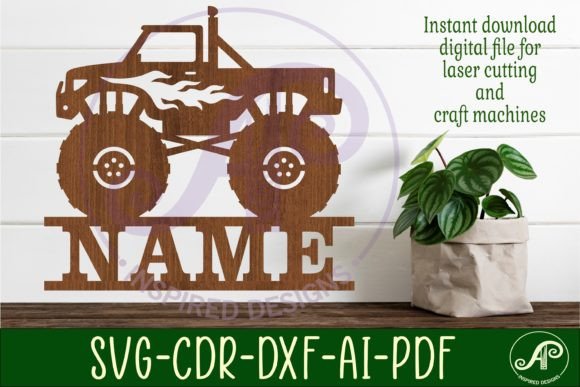Download Monster Truck with Flames Name Sign Svg - Sign Collection